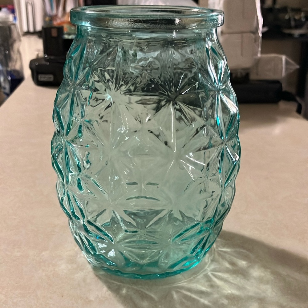 Green glass vase 5.5” height, 3” opening